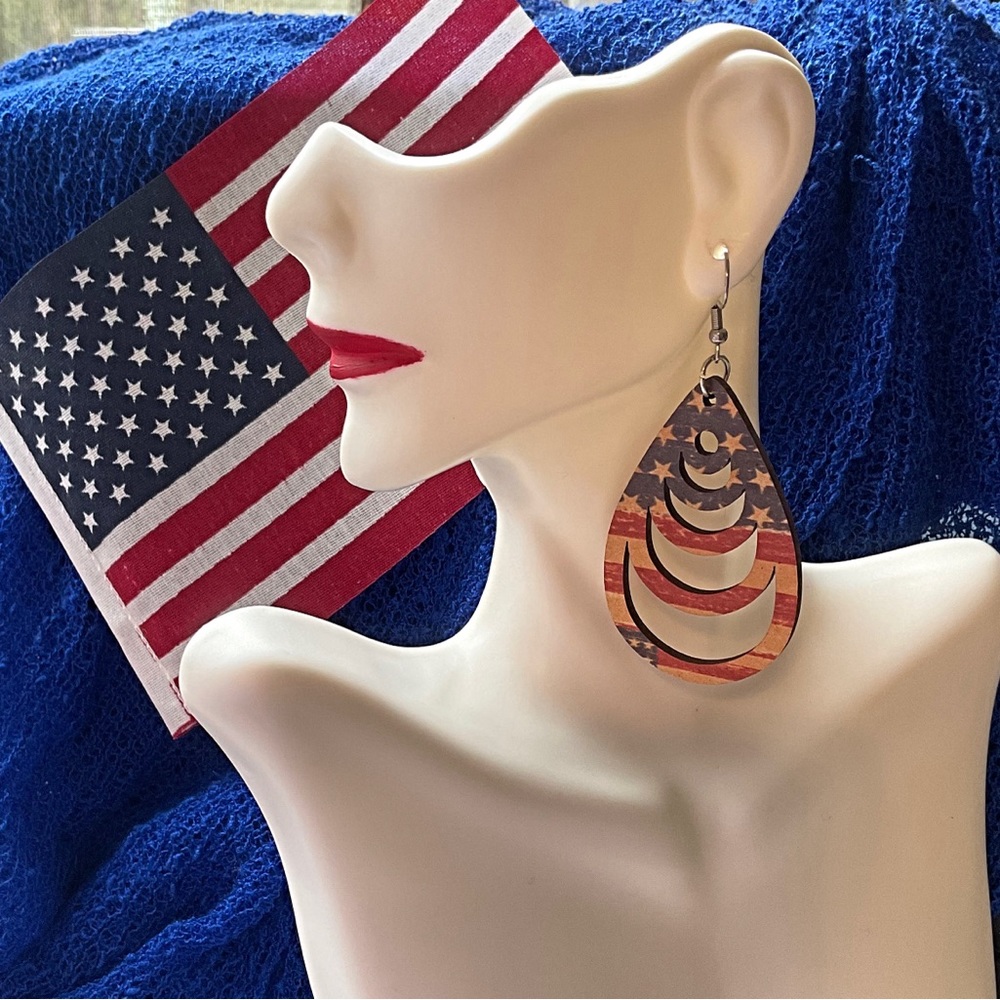 USA Earrings, Light Weight Wood, July 4th Party Earrings